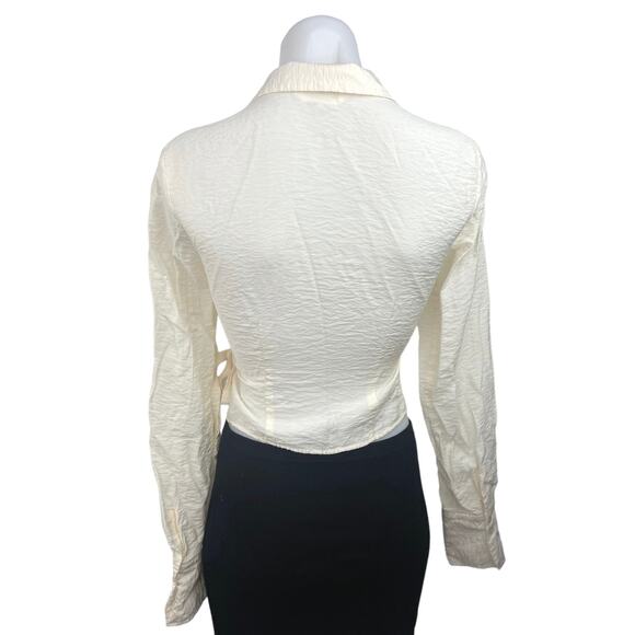 H&M White Collared Deep V Neck Cropped Long Sleeve Wrap Blouse Top Size XS - Picture 2 of 4